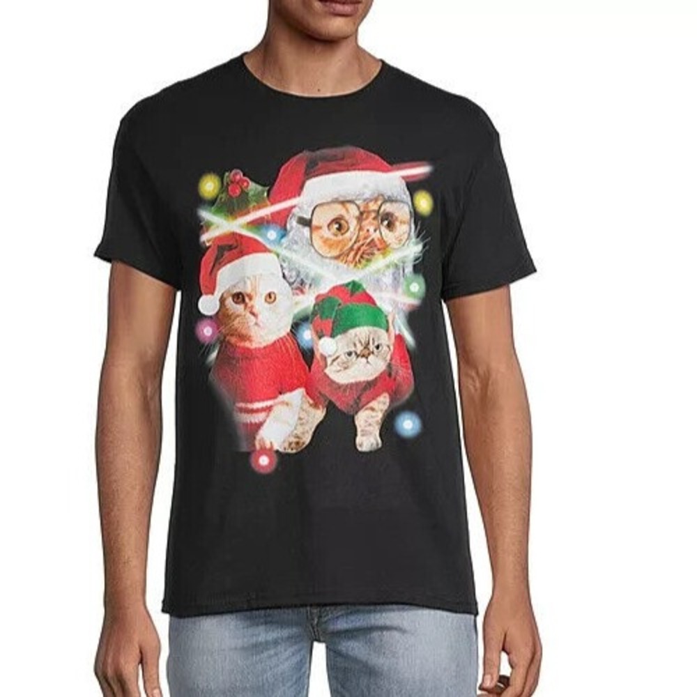 MAD ENGINE CAT CHRISTMAS T SHIRT Men's Size XL Black